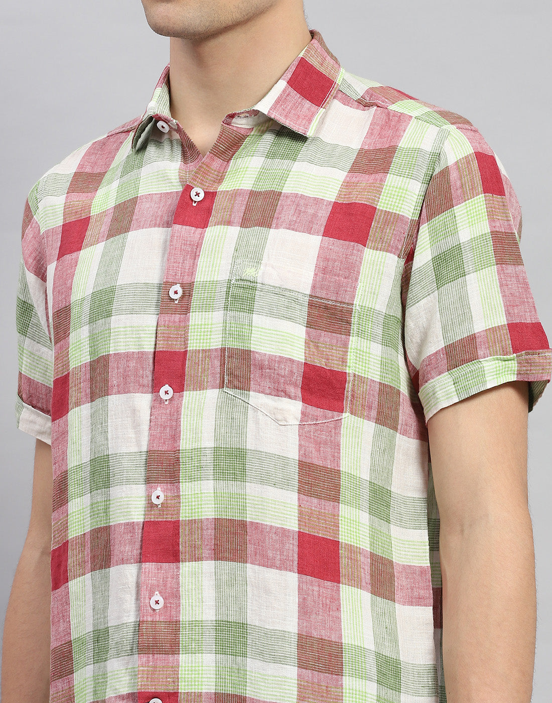 Men Red Check Collar Neck Half Sleeve Linen Shirt