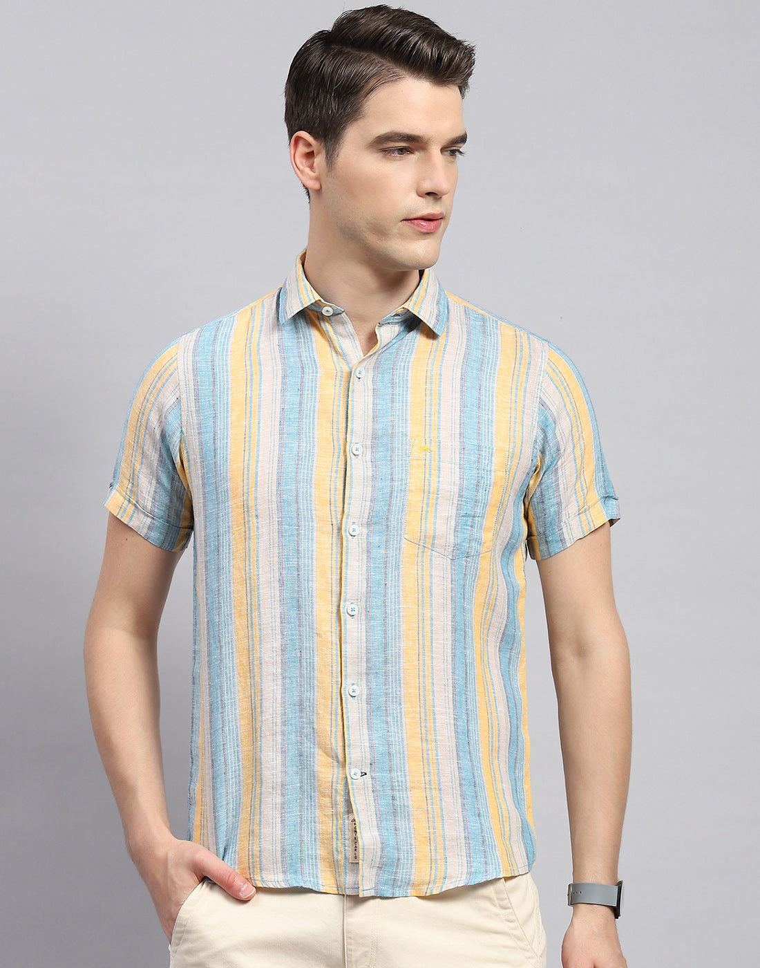 Men Multicolor Stripe Collar Neck Half Sleeve Linen Shirt