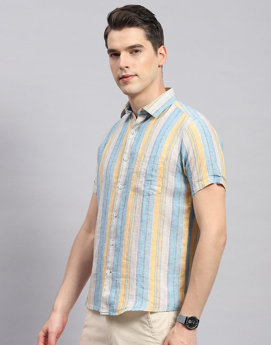 Men Multicolor Stripe Collar Neck Half Sleeve Linen Shirt
