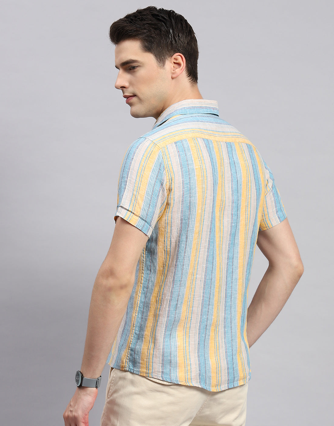 Men Multicolor Stripe Collar Neck Half Sleeve Linen Shirt