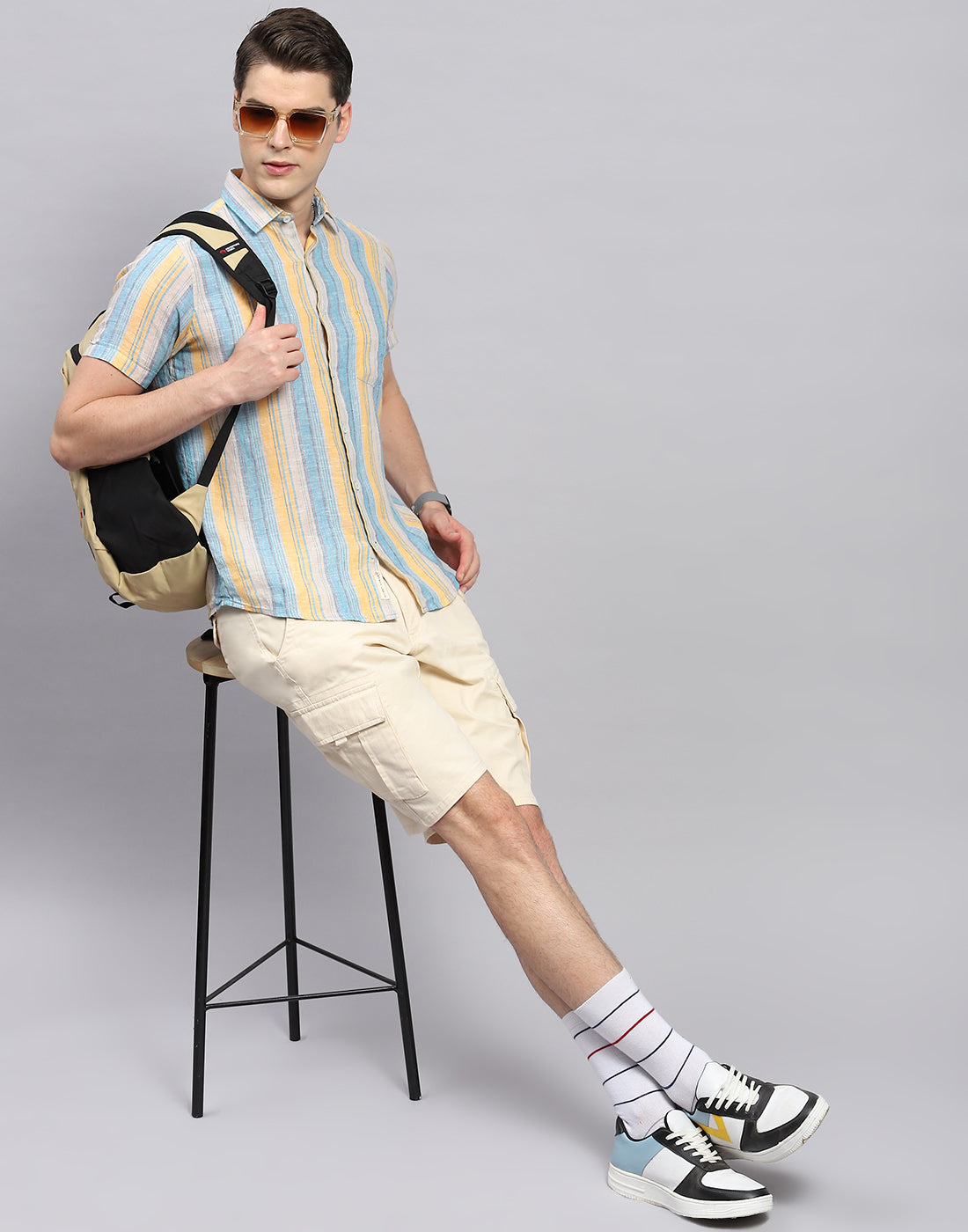 Men Multicolor Stripe Collar Neck Half Sleeve Linen Shirt