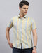 Men Sky Blue Stripe Collar Half Sleeve Linen Shirt