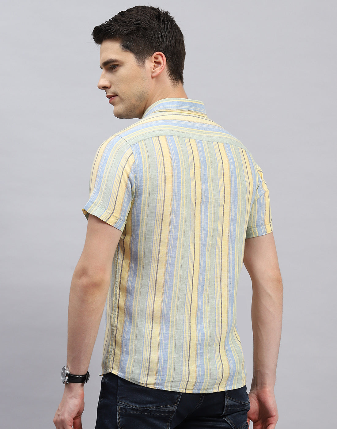 Men Sky Blue Stripe Collar Half Sleeve Linen Shirt