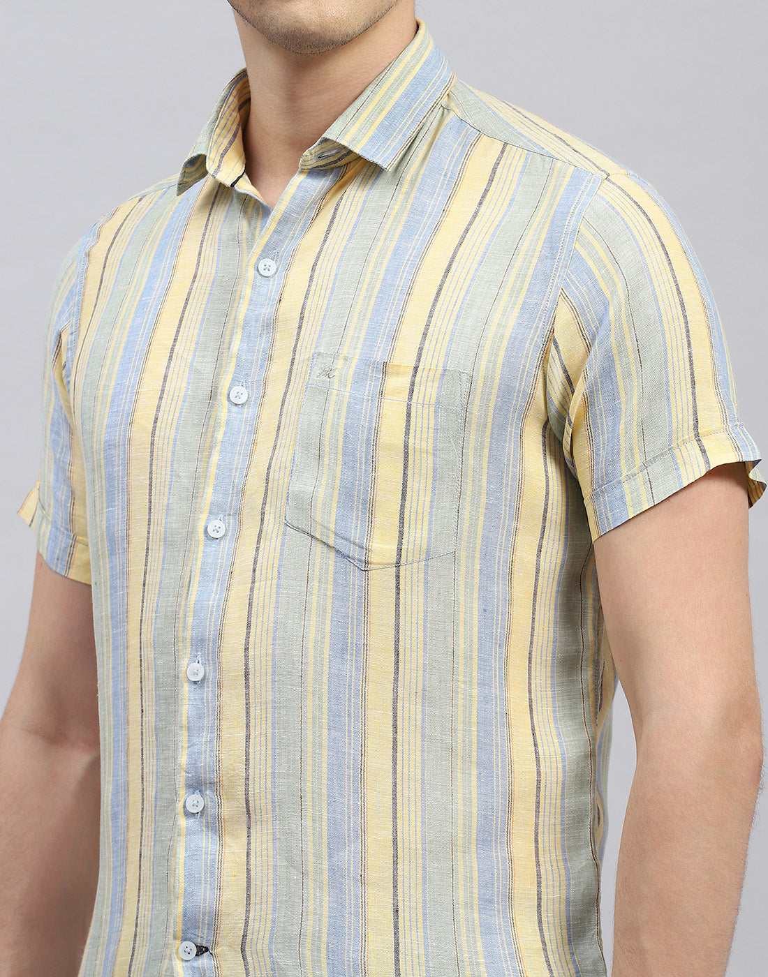 Men Sky Blue Stripe Collar Half Sleeve Linen Shirt