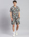 Men Green Floral Print Round Neck Half Sleeve Cords Set