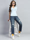 Women Blue Solid Mild Distressed Straight Fit Denim