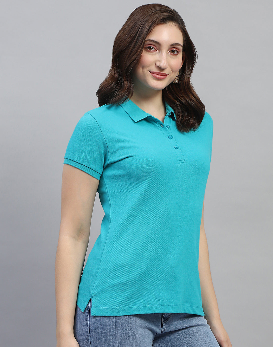 Women Turquoise Blue Solid Collar Neck Half Sleeve T Shirt