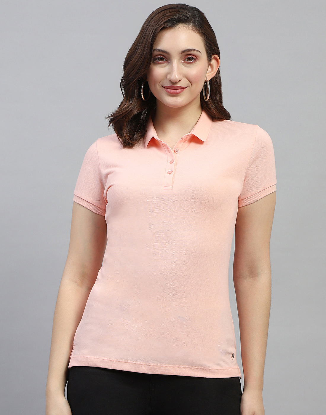 Women Peach Solid Polo Collar Half Sleeve T Shirt