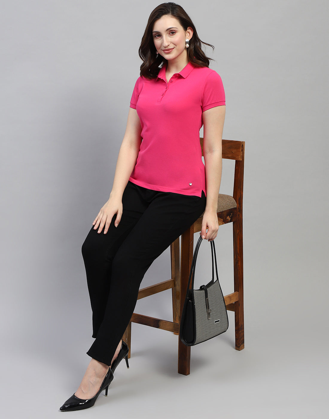 Women Pink Solid Polo Collar Half Sleeve T Shirt