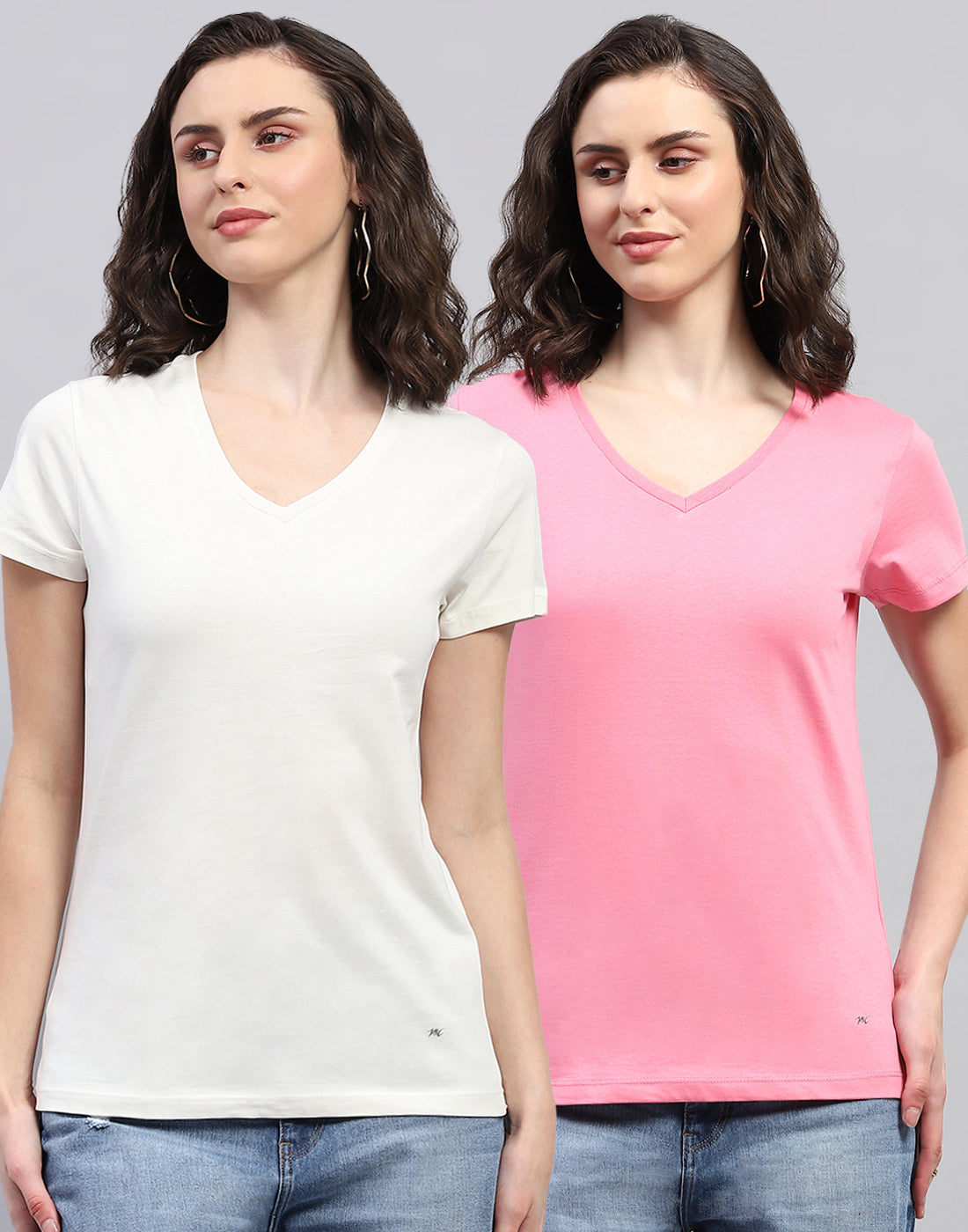 Women Off White & Pink Solid V Neck Half Sleeve Top (Pack of 2)