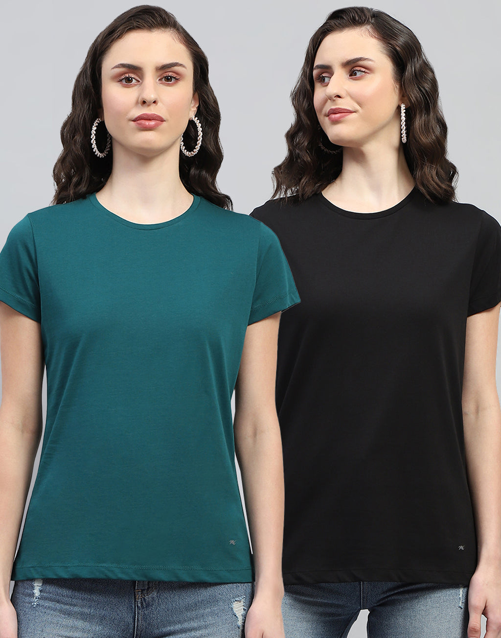 Women Teal Blue & Black Solid Round Neck Half Sleeve Top (Pack of 2)