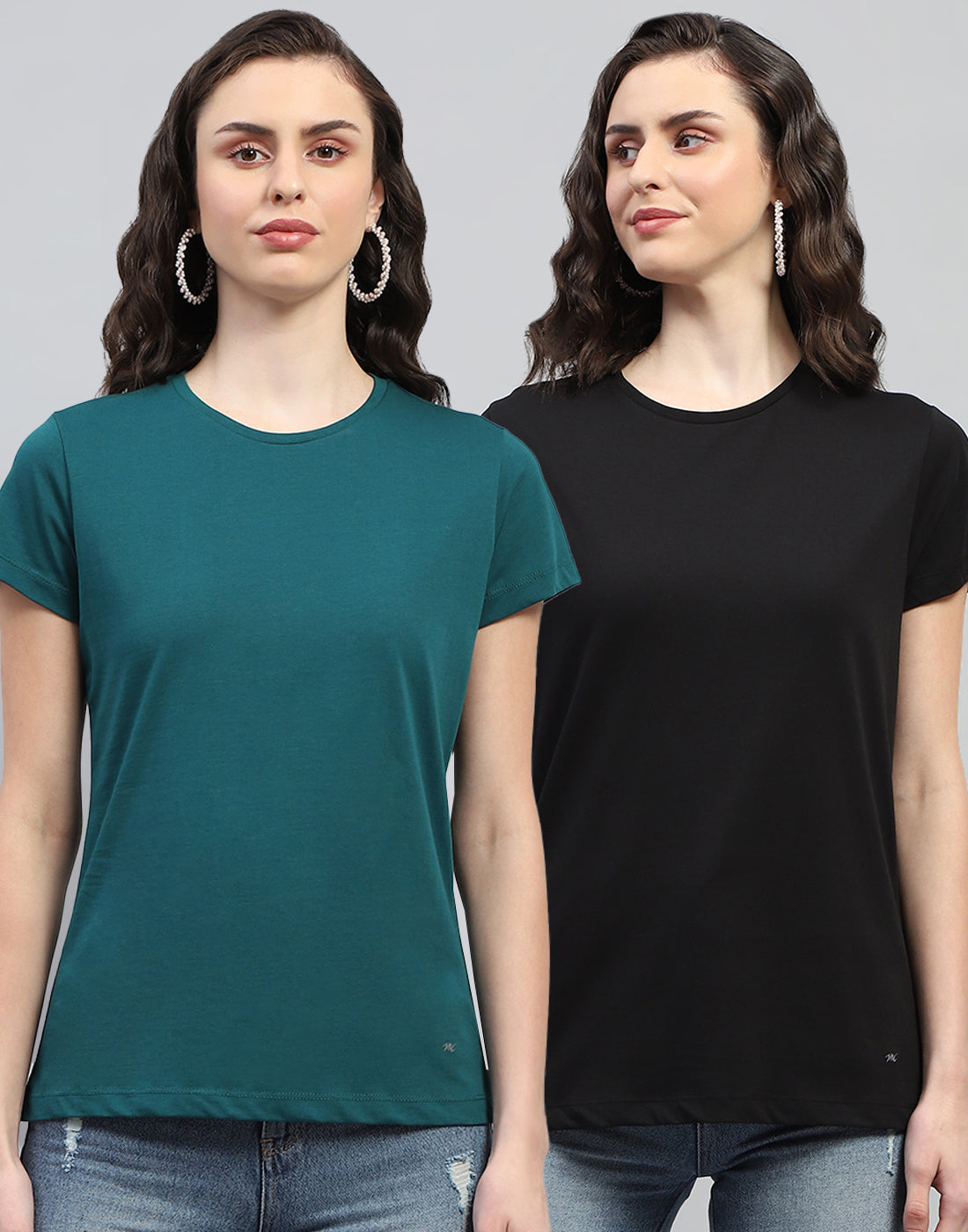 Women Teal Blue & Black Solid Round Neck Half Sleeve Top (Pack of 2)