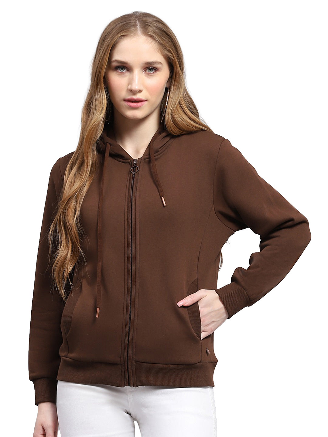 Women Brown Solid Hooded Full Sleeve Sweatshirt
