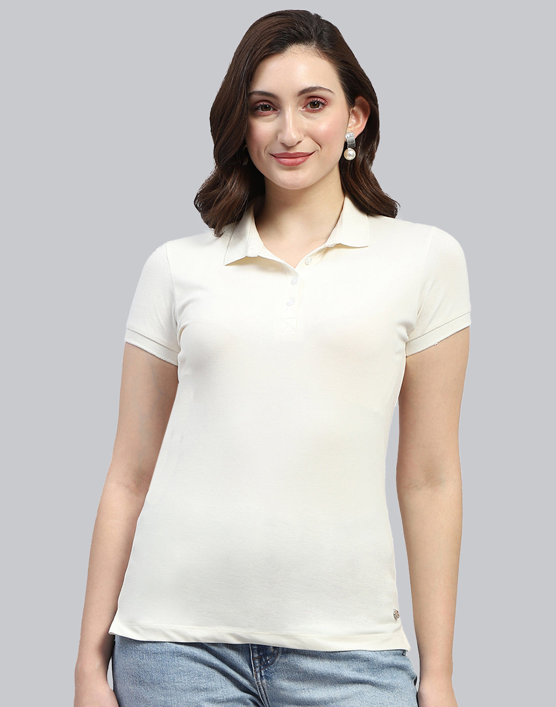Women Off White Solid Polo Collar Half Sleeve T Shirt
