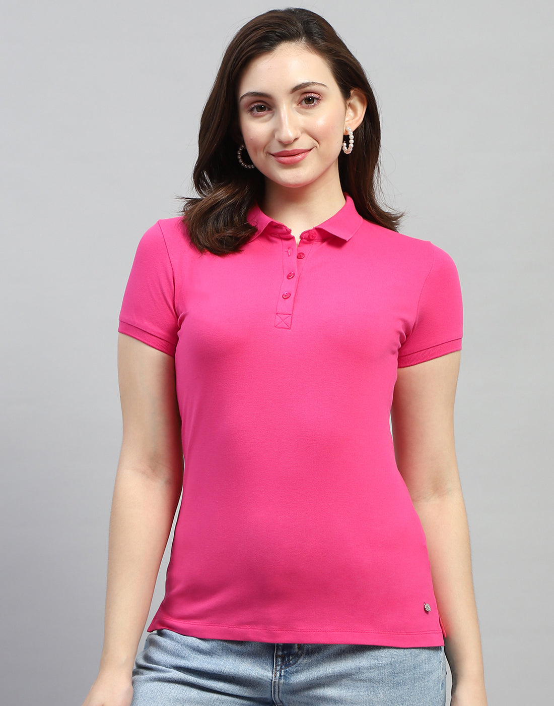 Women Pink Solid Polo Collar Half Sleeve T Shirt