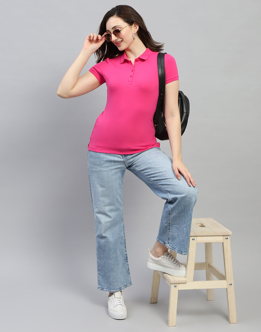 Women Pink Solid Polo Collar Half Sleeve T Shirt