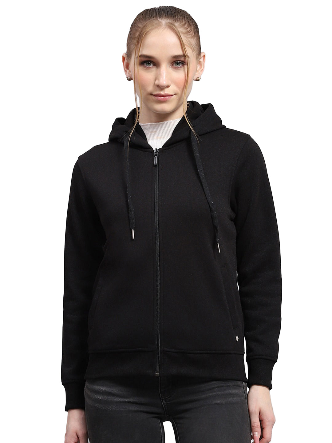 Women Black Solid Hooded Full Sleeve Sweatshirt