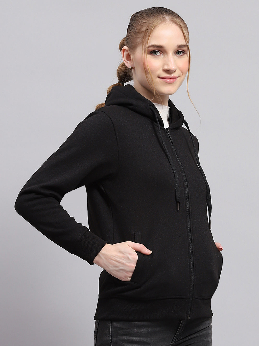 Women Black Solid Hooded Full Sleeve Sweatshirt