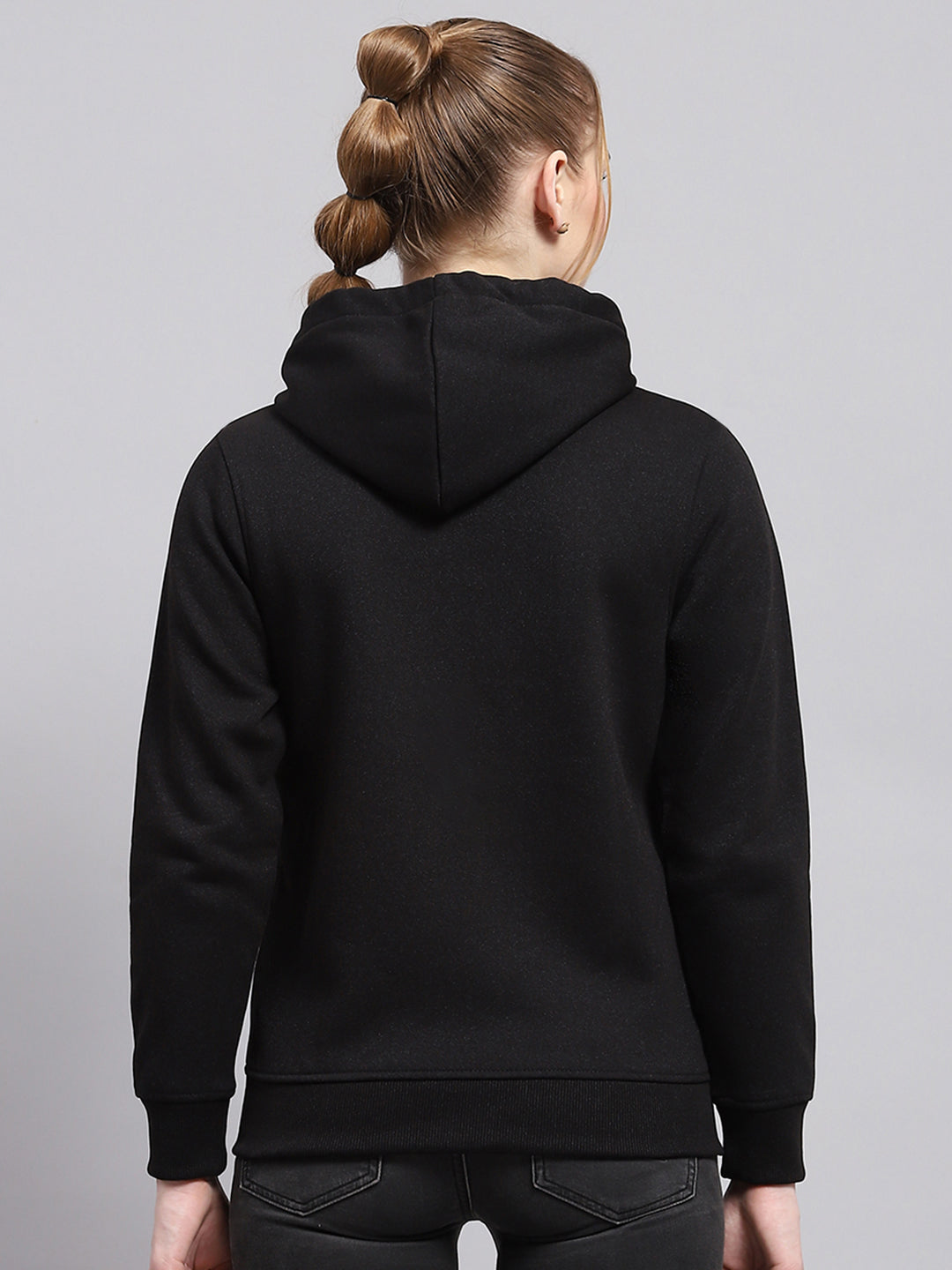 Women Black Solid Hooded Full Sleeve Sweatshirt