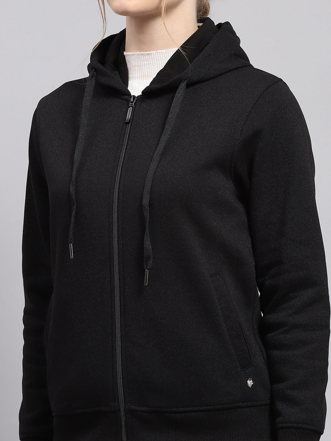 Women Black Solid Hooded Full Sleeve Sweatshirt