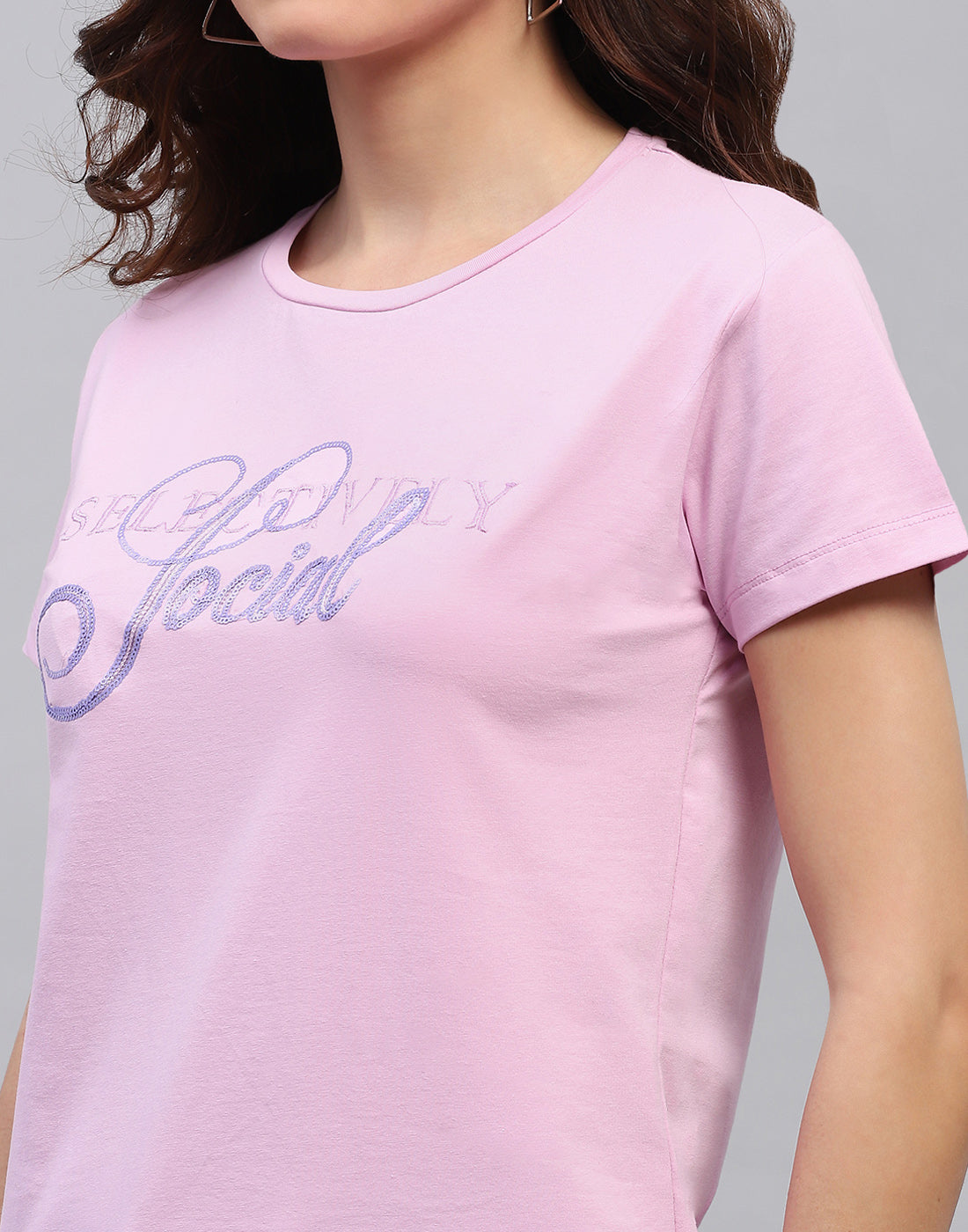 Women Purple Embroidered Round Neck Half Sleeve Top