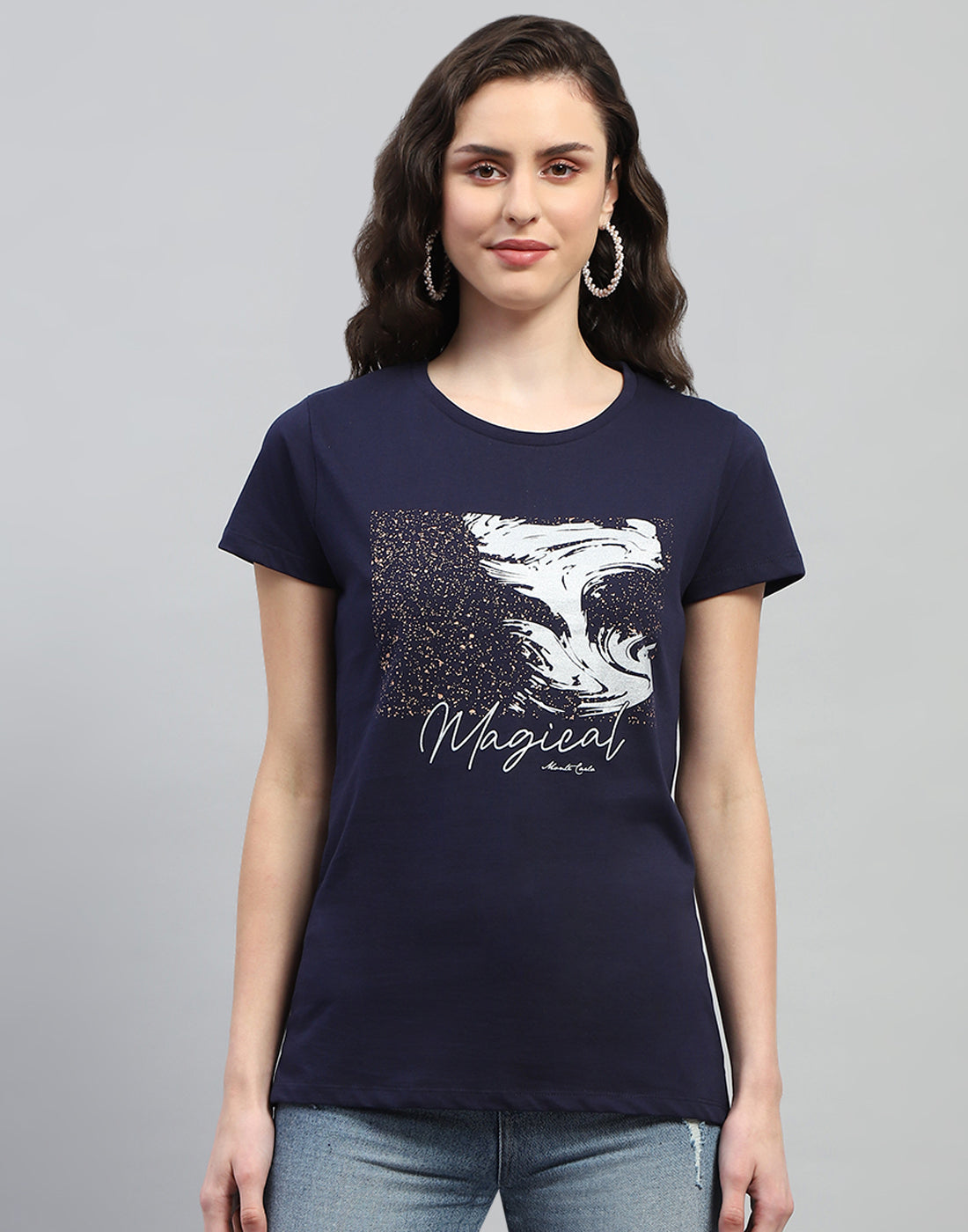 Women Navy Blue & Pink Printed Round Neck Half Sleeve Top (Pack of 2)