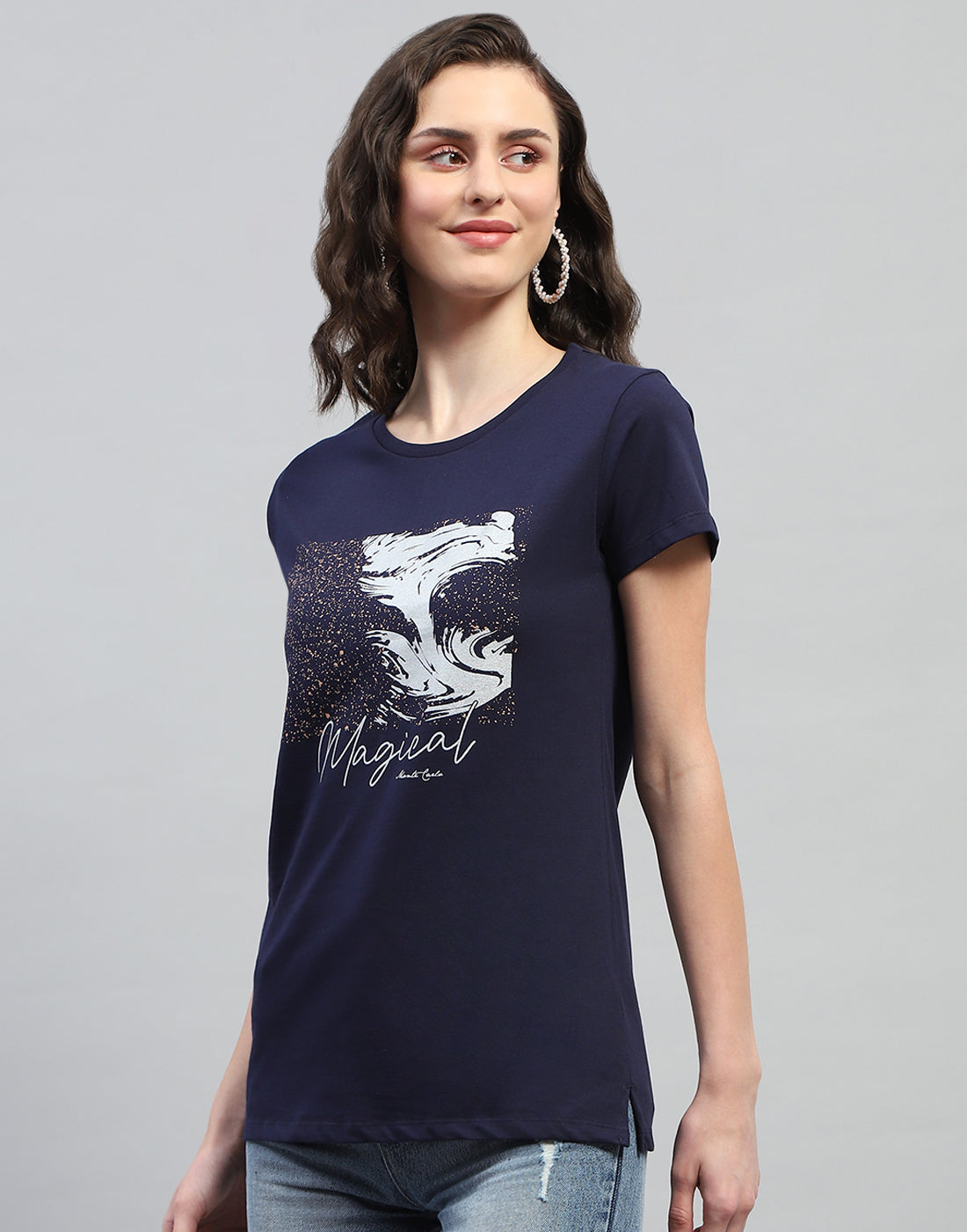 Women Navy Blue & Pink Printed Round Neck Half Sleeve Top (Pack of 2)