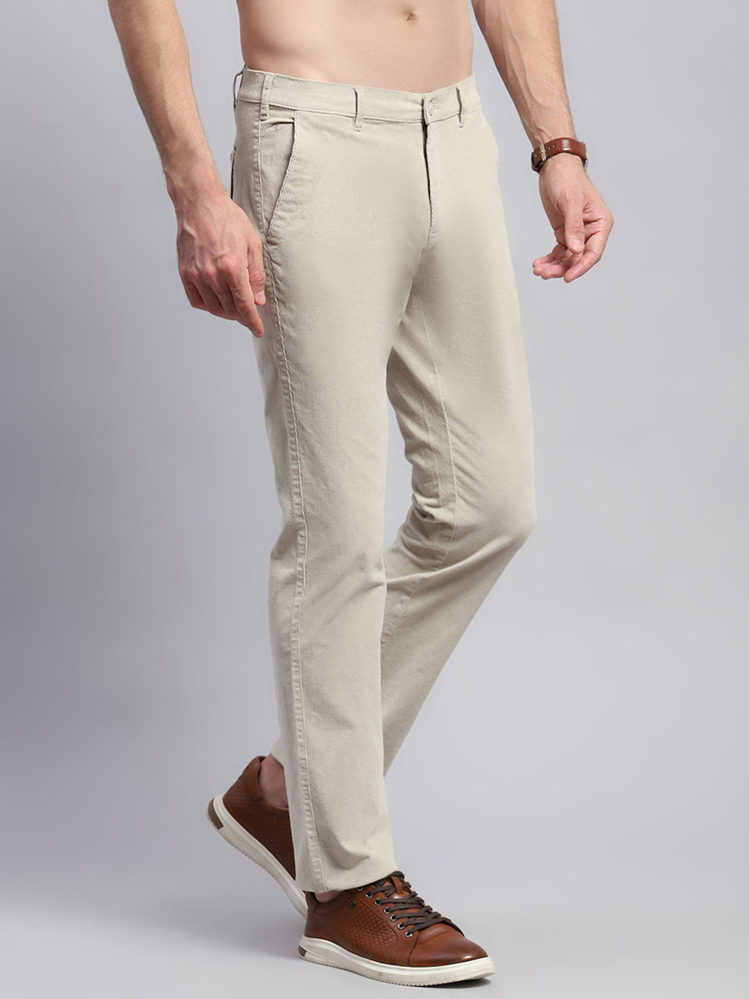 Men Beige Solid Regular Fit Trouser
