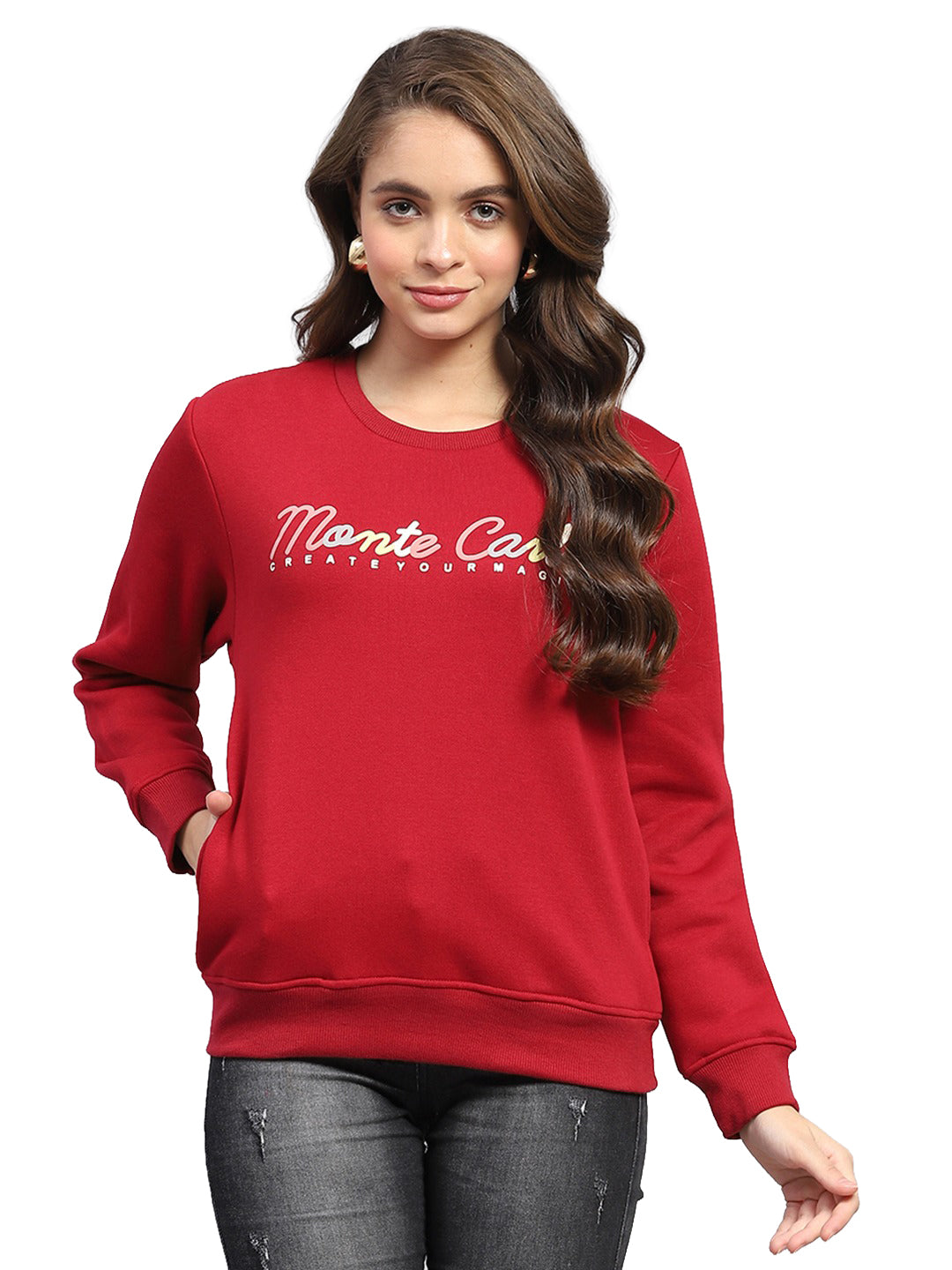 Women Maroon Printed Round Neck Full Sleeve Sweatshirt