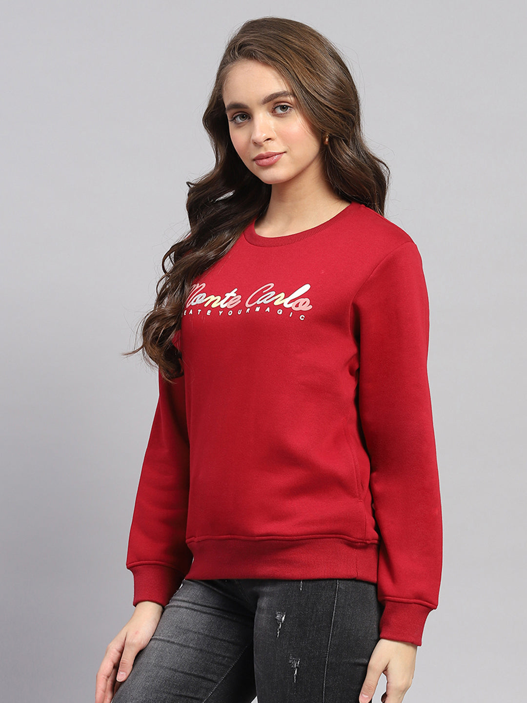 Women Maroon Printed Round Neck Full Sleeve Sweatshirt