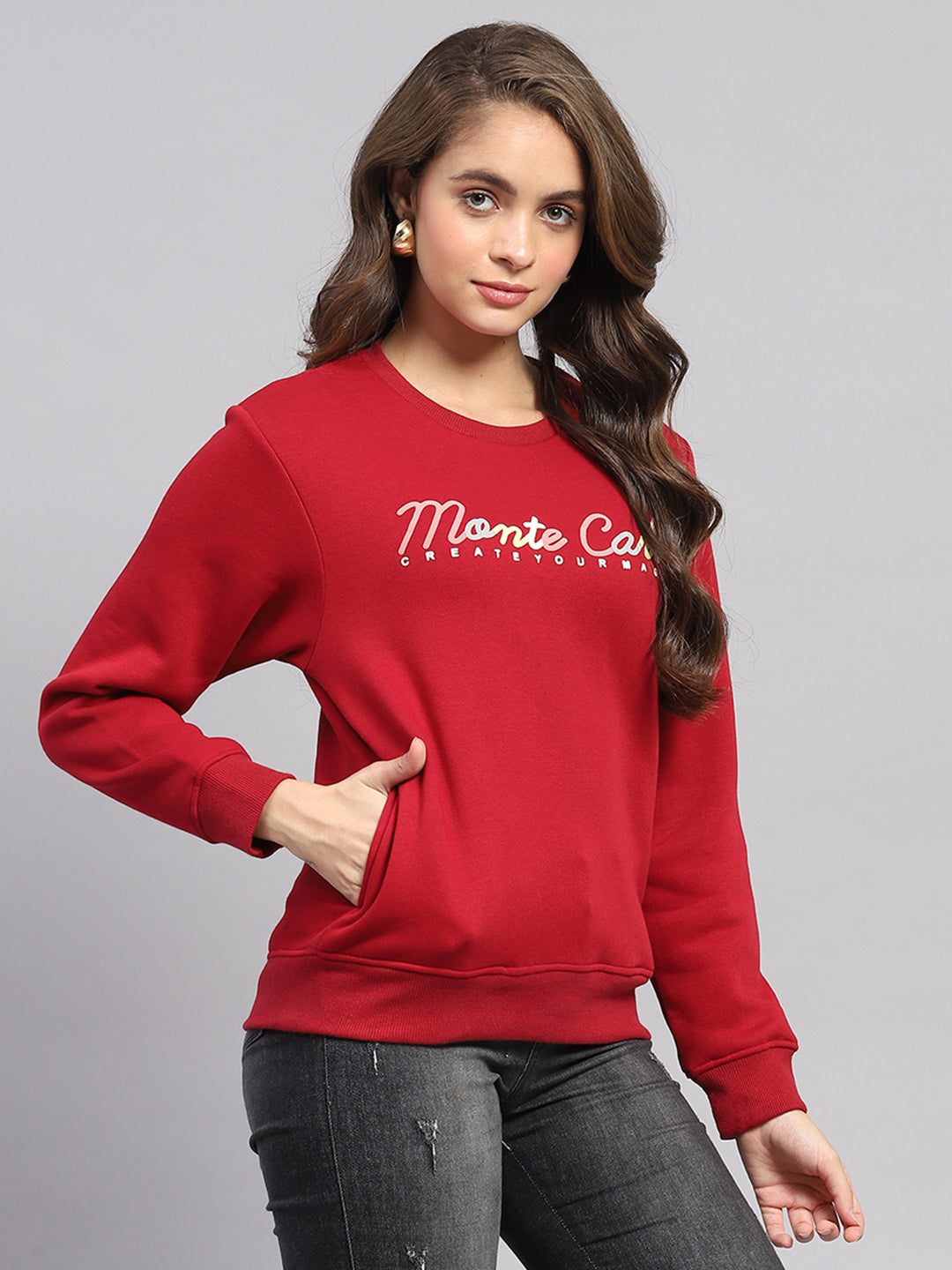 Women Maroon Printed Round Neck Full Sleeve Sweatshirt