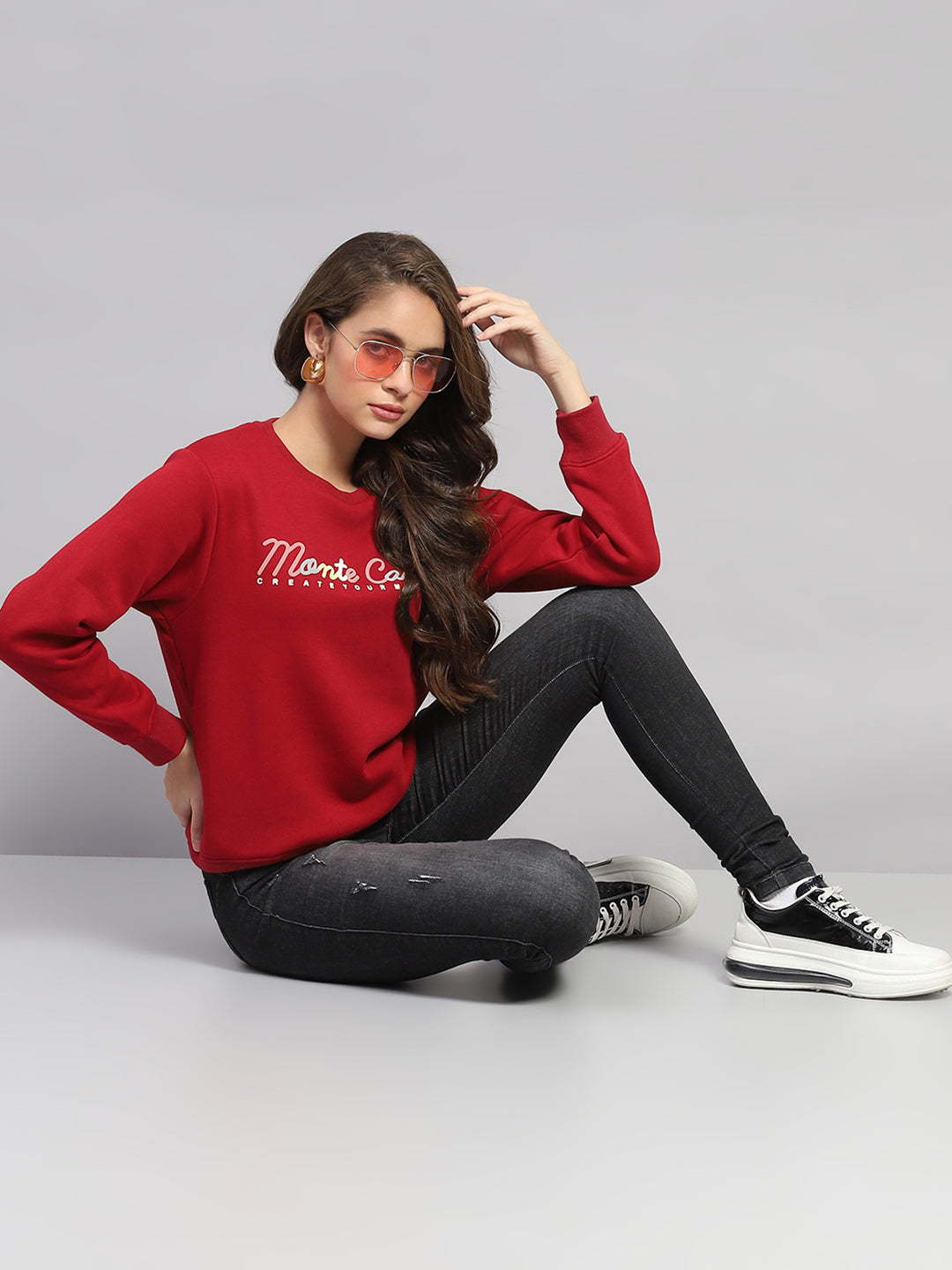 Women Maroon Printed Round Neck Full Sleeve Sweatshirt