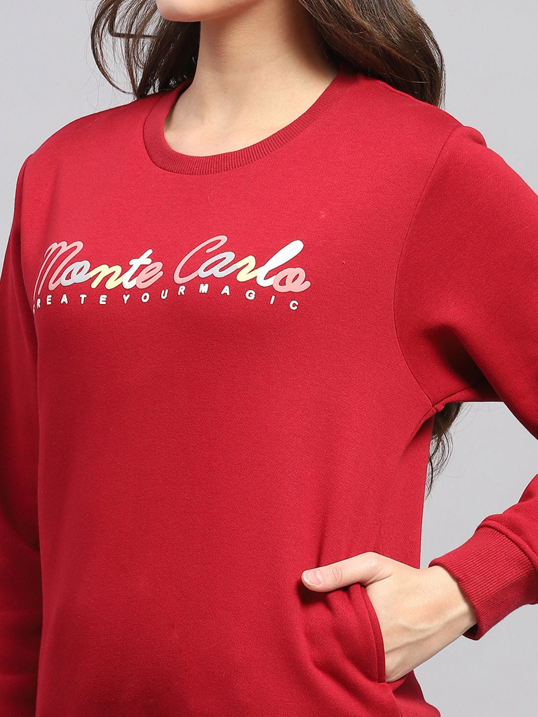 Women Maroon Printed Round Neck Full Sleeve Sweatshirt