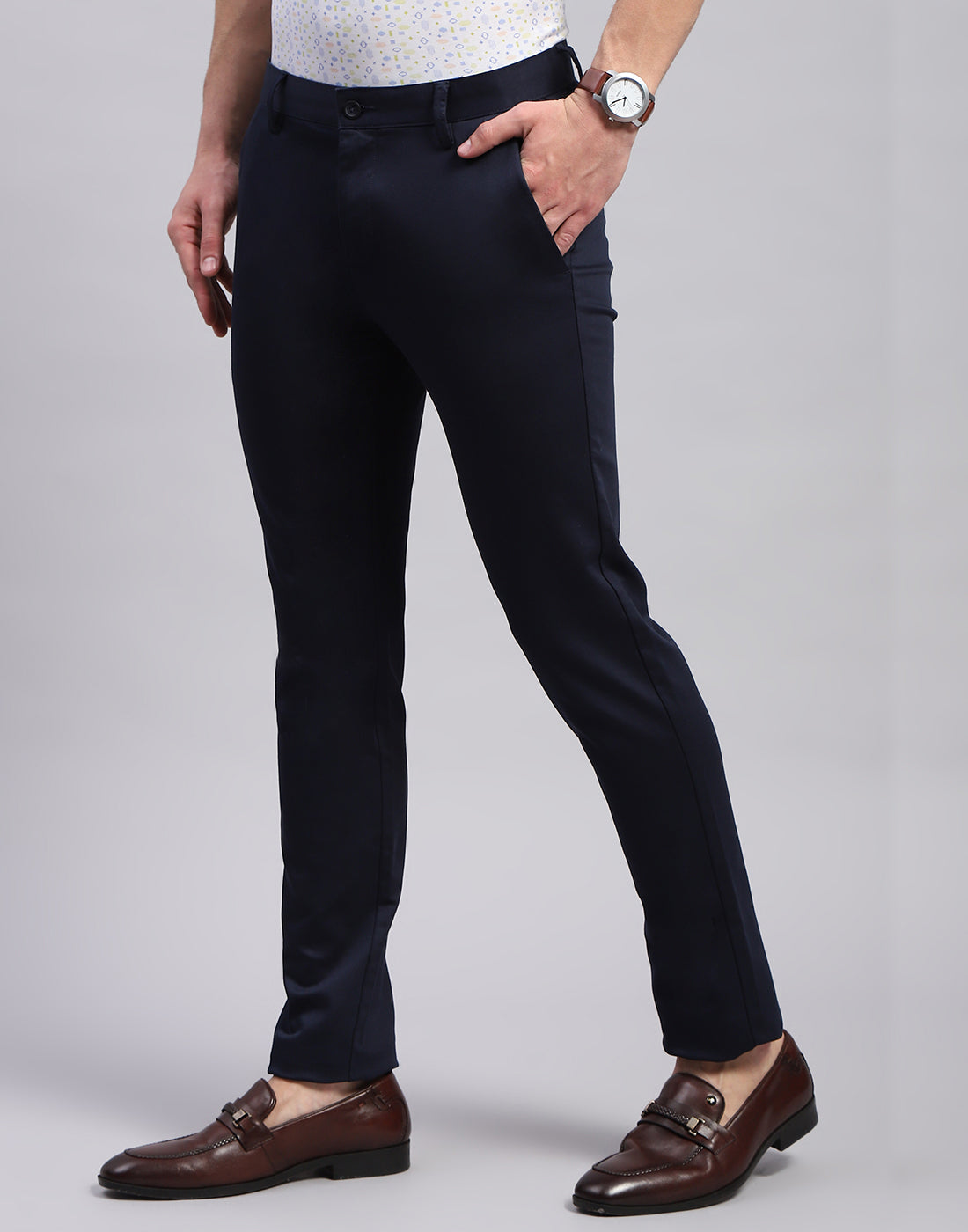Men Navy Blue Solid Regular Fit Trouser