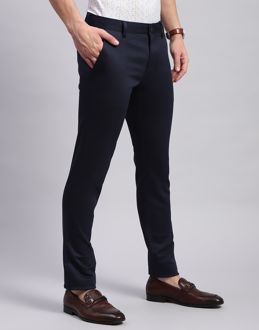 Men Navy Blue Solid Regular Fit Trouser