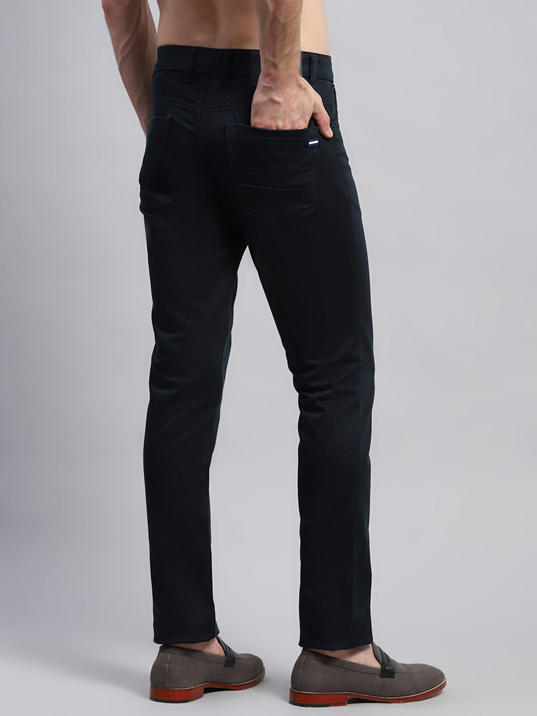 Men Navy Blue Solid Regular Fit Trouser