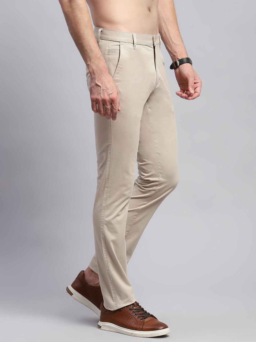 Men Beige Solid Regular Fit Trouser