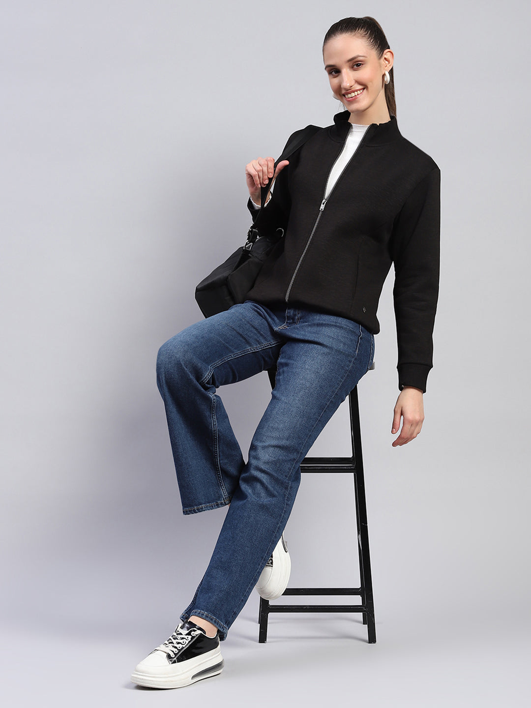 Women Black Solid Mock Neck Full Sleeve Sweatshirt