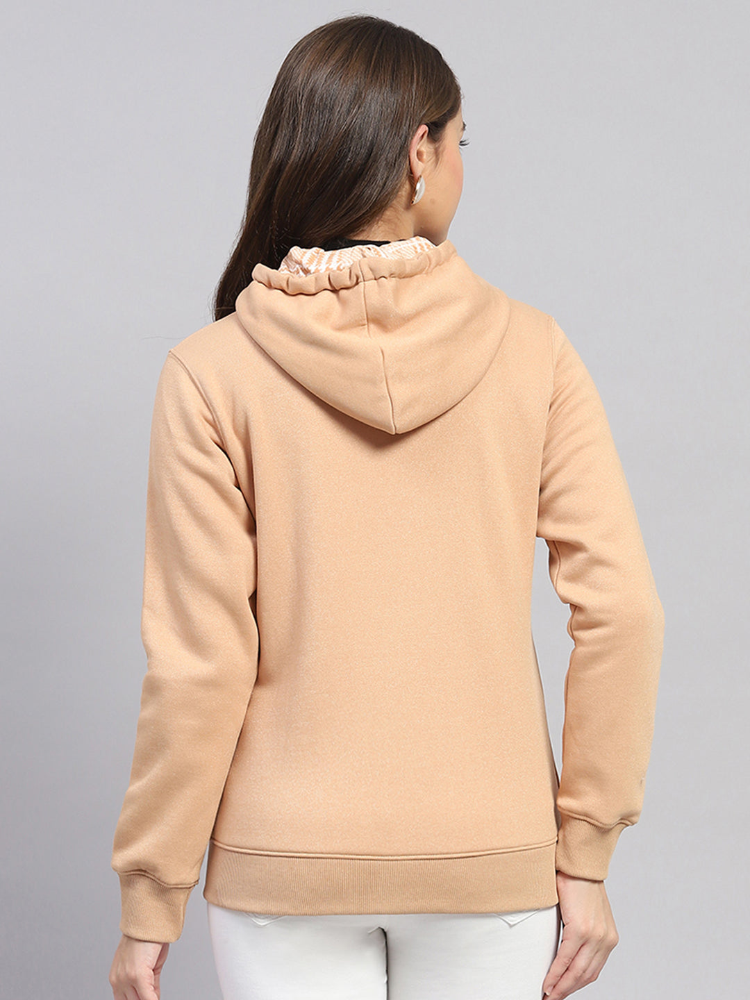Women Beige Solid Hooded Full Sleeve Sweatshirt