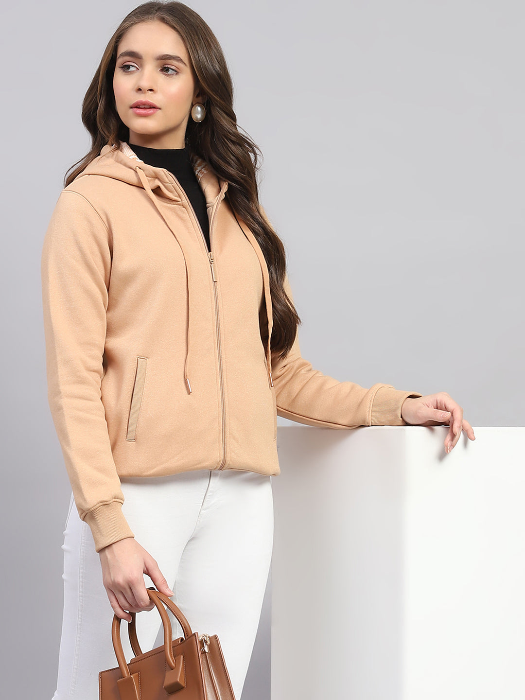 Women Beige Solid Hooded Full Sleeve Sweatshirt