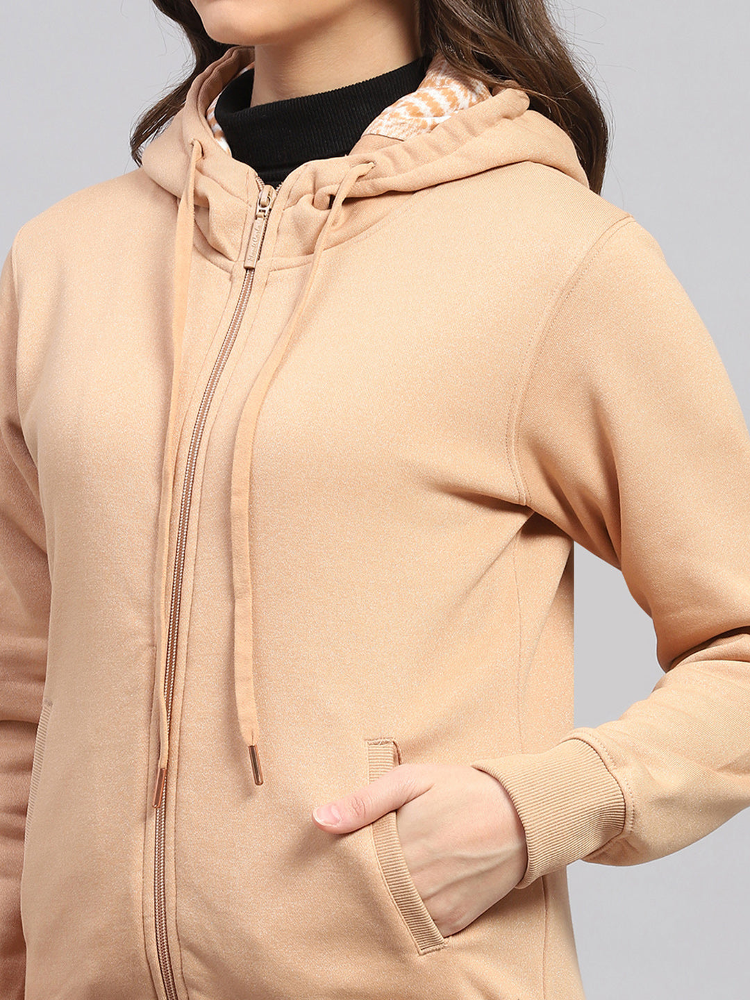 Women Beige Solid Hooded Full Sleeve Sweatshirt