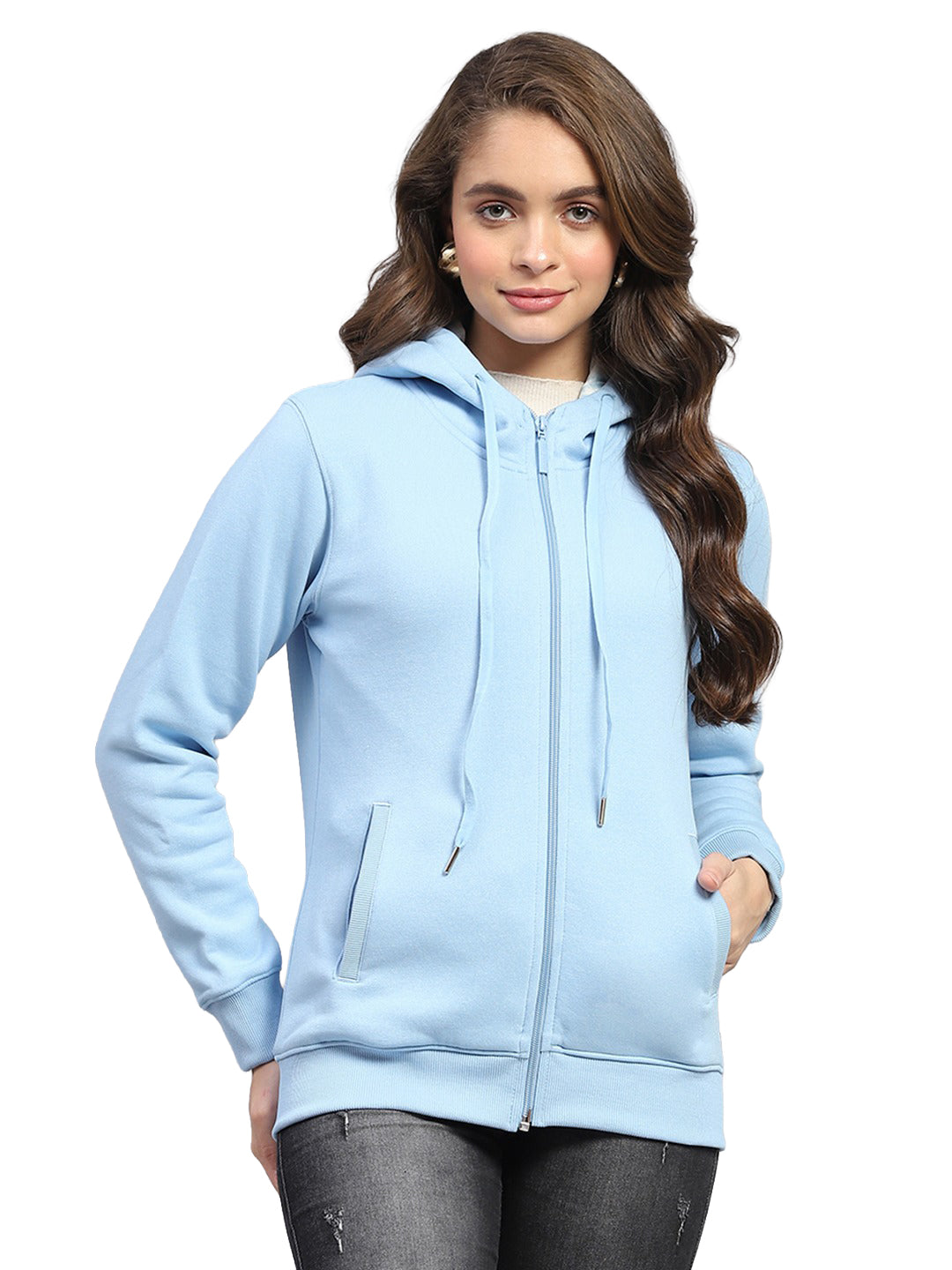 Women Blue Solid Hooded Full Sleeve Sweatshirt