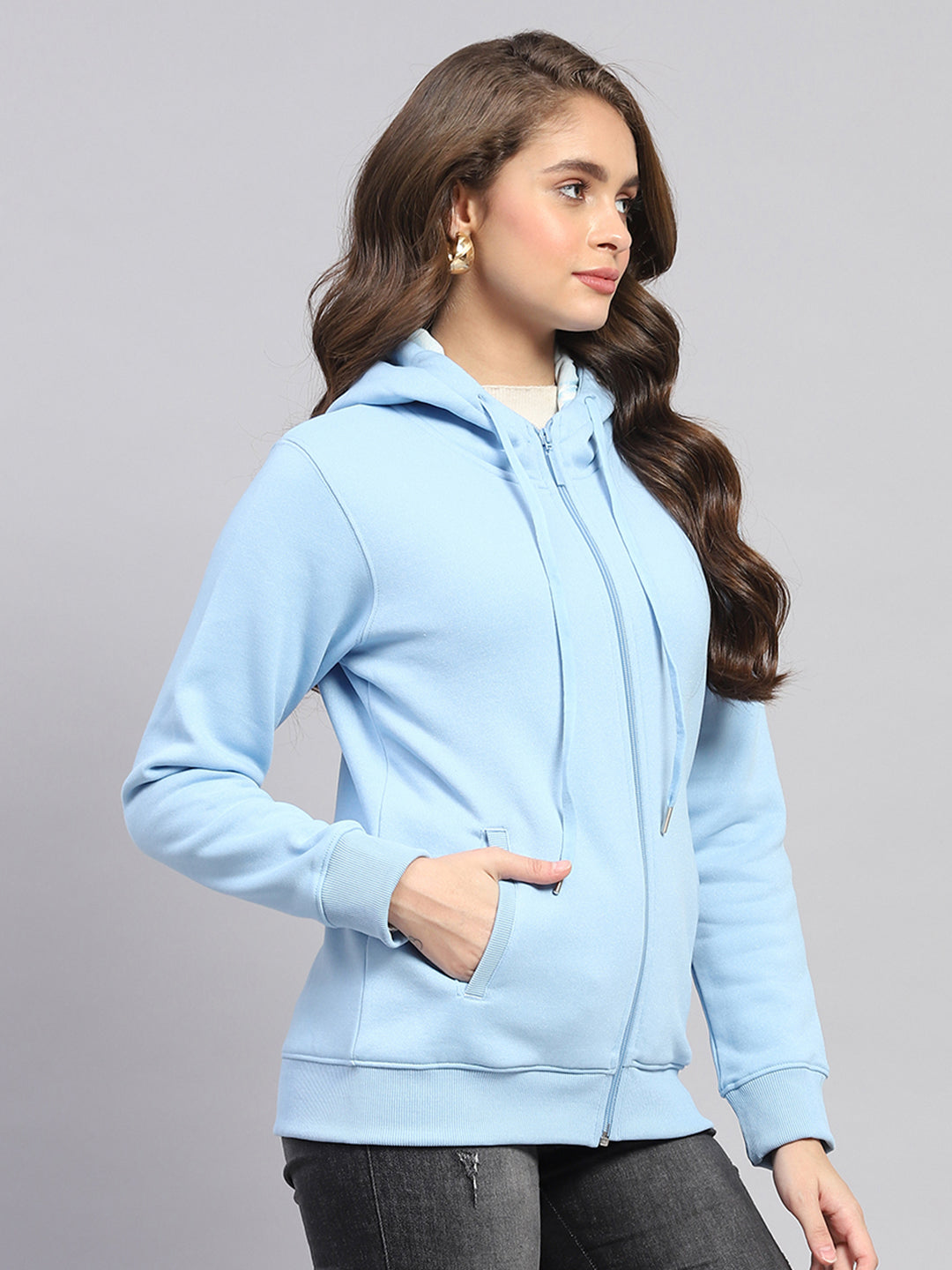 Women Blue Solid Hooded Full Sleeve Sweatshirt