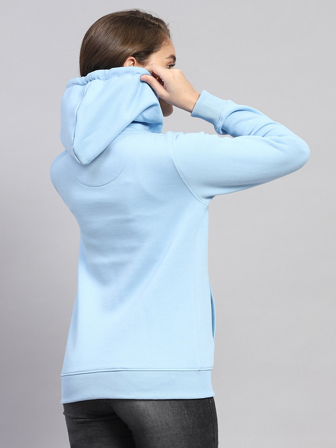 Women Blue Solid Hooded Full Sleeve Sweatshirt