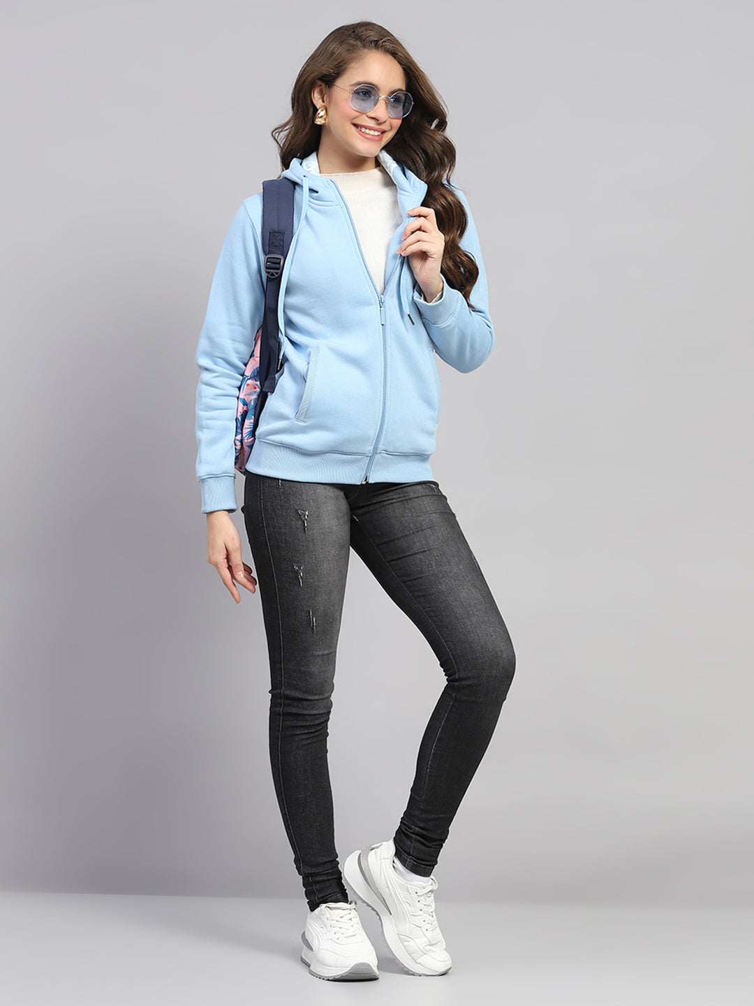 Women Blue Solid Hooded Full Sleeve Sweatshirt