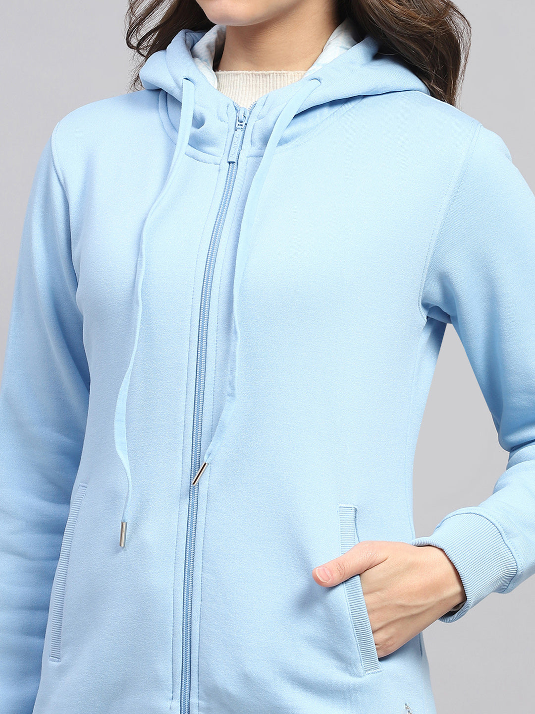 Women Blue Solid Hooded Full Sleeve Sweatshirt