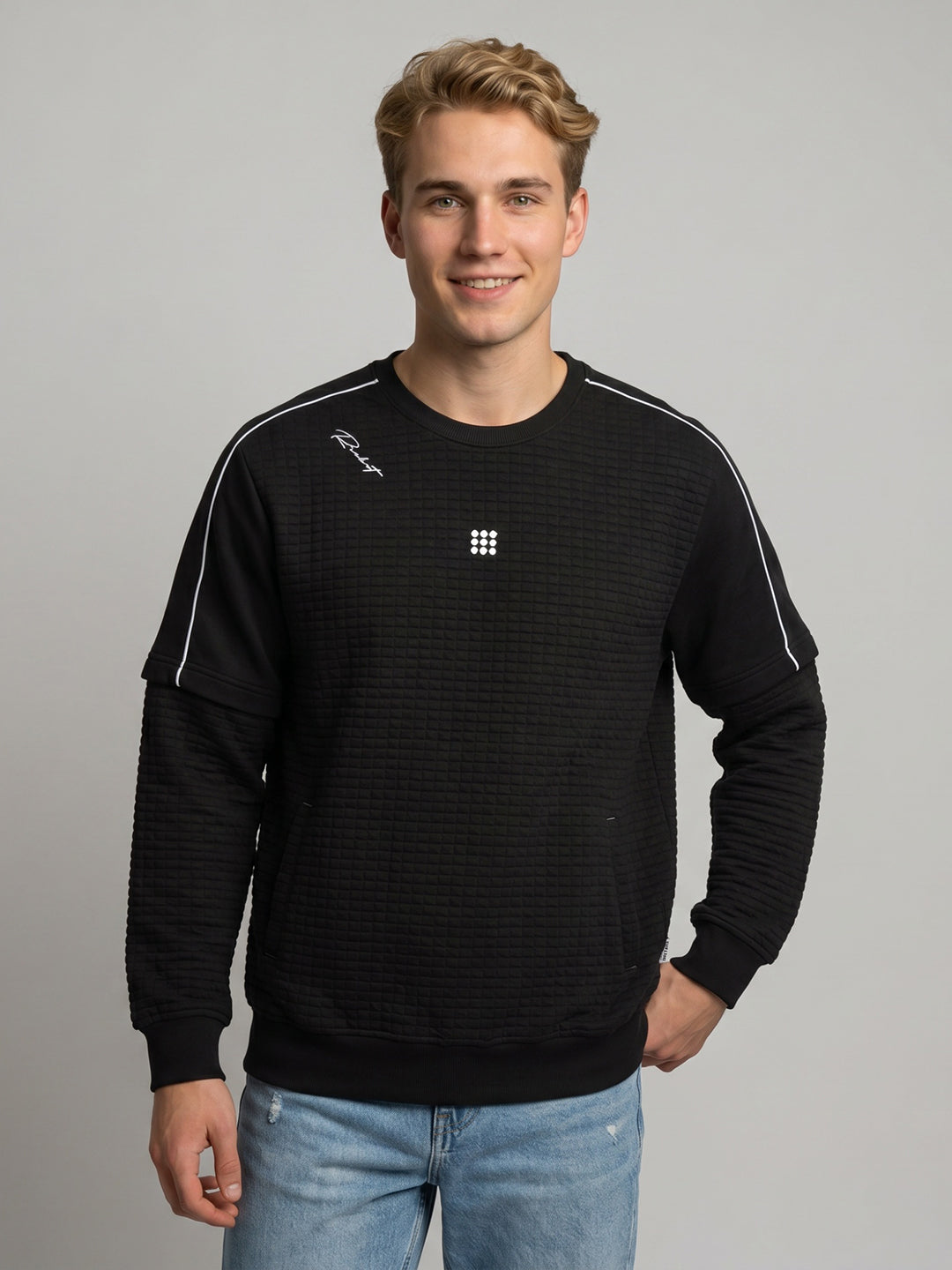 Rock.it Men Black Self Design Round Neck Full Sleeve Sweatshirt