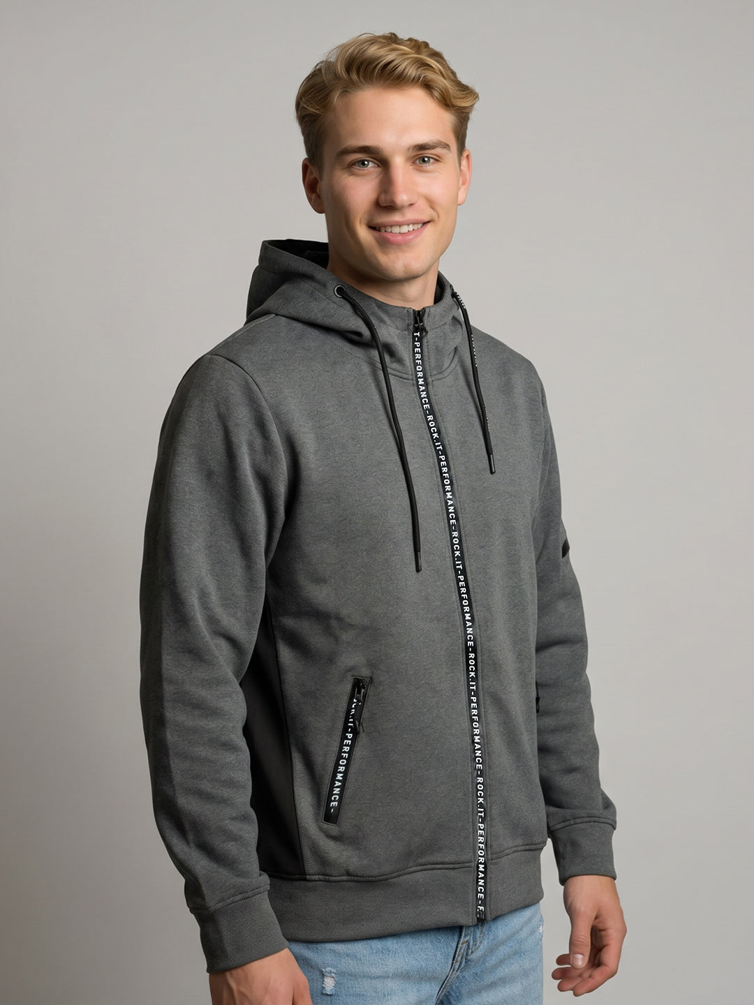 Rock.it Men Charcoal Solid Hooded Full Sleeve Sweatshirt