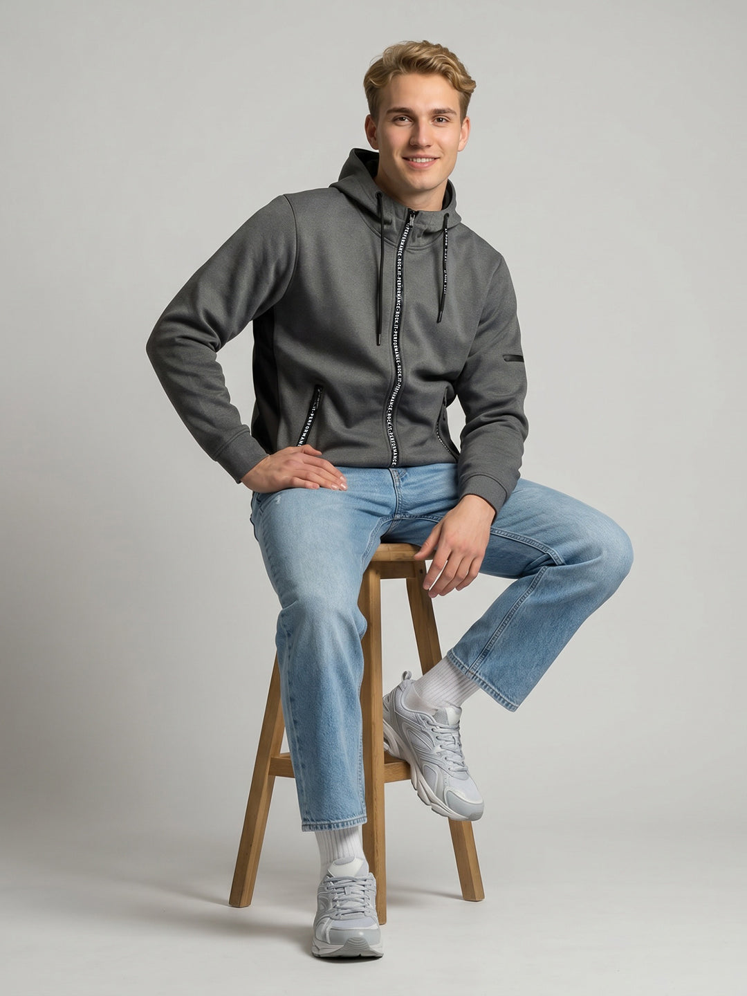 Rock.it Men Charcoal Solid Hooded Full Sleeve Sweatshirt