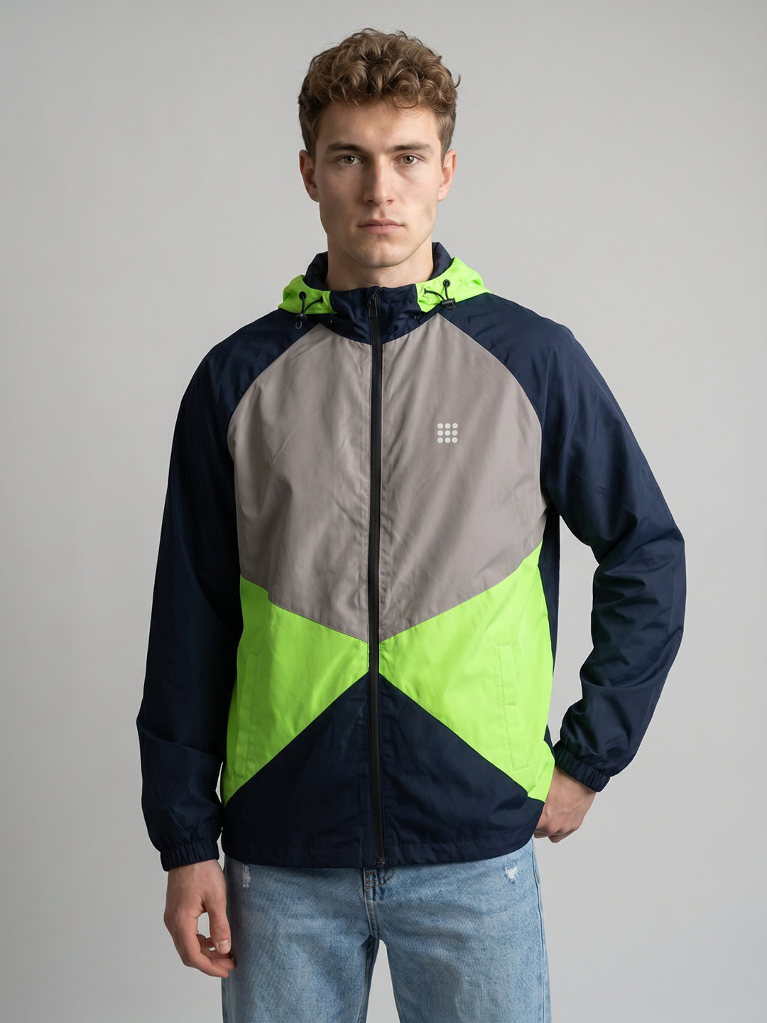 Rock.it Men Navy Blue Colourblocked Detachable Hood Full Sleeve Windcheater